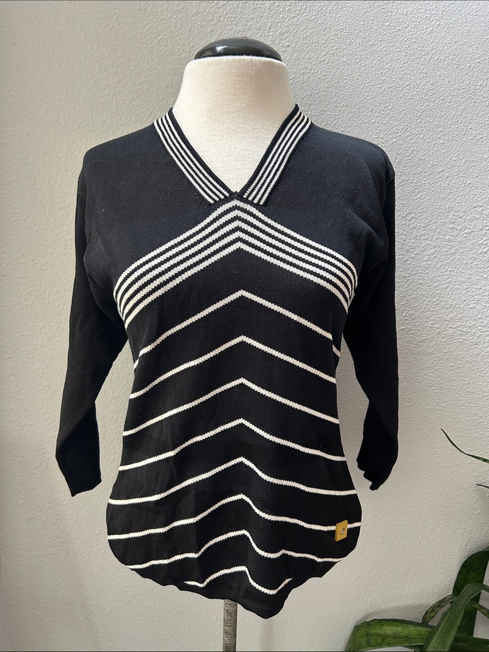 CHANEL Black and White V-Neck Striped Sweater S